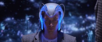 Movie still from “X-Men: Apocalypse” (2016), directed by Bryan Singer – A man wearing a futuristic helmet with blue lights around his head; Close Up shot, High angle