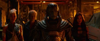 Movie still from “X-Men: Apocalypse” (2016), directed by Bryan Singer – A man and a woman dressed in costumes; Medium shot, Over the shoulder angle