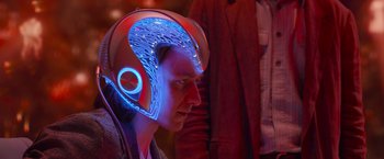 Movie still from “X-Men: Apocalypse” (2016), directed by Bryan Singer – A man wearing a futuristic helmet with lights on it; Close Up shot, Over the shoulder angle