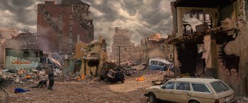 Movie still from “X-Men: Apocalypse” (2016), directed by Bryan Singer – An image of an apocalyptic scene with cars and buildings; Extreme Wide shot, High angle