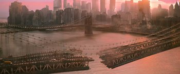 Movie still from “X-Men: Apocalypse” (2016), directed by Bryan Singer – A view of a bridge and a city skyline at sunset; Extreme Wide shot, High angle