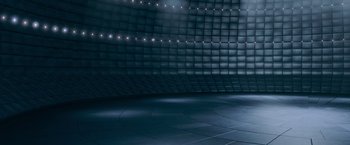 Movie still from “X-Men: The Last Stand” (2006), directed by Brett Ratner – An empty room that has lights on the wall; Extreme Wide shot, High angle