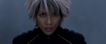 Movie still from “X-Men: The Last Stand” (2006), directed by Brett Ratner – A person wearing a wig; Close Up shot, Low angle