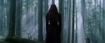 Movie still from “X-Men: The Last Stand” (2006), directed by Brett Ratner – A woman standing in the middle of a forest; Wide shot, Over the shoulder angle