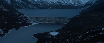 Movie still from “X2” (2003), directed by Bryan Singer – A body of water that has snow on the ground; Extreme Wide shot, High angle
