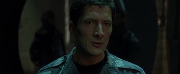 Movie still from “X2” (2003), directed by Bryan Singer – A person wearing a uniform; Close Up shot, Low angle