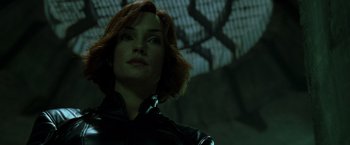 Movie still from “X2” (2003), directed by Bryan Singer – A person wearing a black jacket; Close Up shot, Low angle