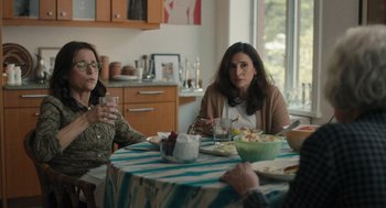 Movie still from “You Hurt My Feelings” (2023), directed by Nicole Holofcener – A group of people sitting at a table with food and drinks; Medium shot, Over the shoulder angle