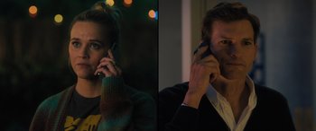 Movie still from “Your Place or Mine” (2023), directed by Aline Brosh McKenna – A man and a woman talking on their cell phones; Close Up shot, Low angle