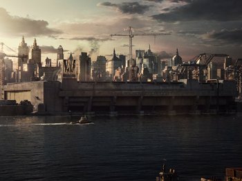 Movie still from “Zack Snyder's Justice League” (2021), directed by Zack Snyder – A large city with a large body of water; Extreme Wide shot, High angle