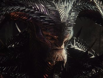 Movie still from “Zack Snyder's Justice League” (2021), directed by Zack Snyder – A creature in a dark setting; Close Up shot, Overhead angle
