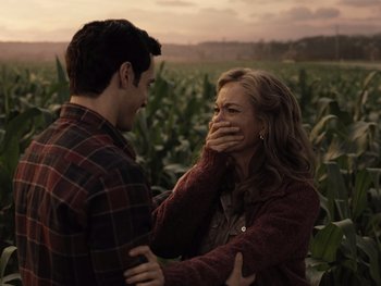 Movie still from “Zack Snyder's Justice League” (2021), directed by Zack Snyder – A man and a woman in a corn field; Medium shot, Over the shoulder angle