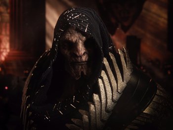 Movie still from “Zack Snyder's Justice League” (2021), directed by Zack Snyder – A person wearing a hood; Close Up shot, Low angle