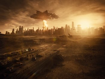Movie still from “Zack Snyder's Justice League” (2021), directed by Zack Snyder – An image of an alien spaceship flying over a city; Extreme Wide shot, High angle
