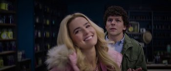Movie still from “Zombieland: Double Tap” (2019), directed by Ruben Fleischer – A woman in a pink jacket and a man in a blue jacket; Close Up shot, Over the shoulder angle