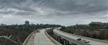 Movie still from “Zombieland: Double Tap” (2019), directed by Ruben Fleischer – A highway with a bunch of cars on it; Extreme Wide shot, High angle