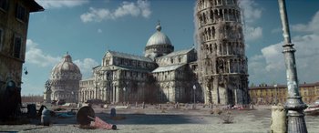 Movie still from “Zombieland: Double Tap” (2019), directed by Ruben Fleischer – An old church with a tower in the background; Extreme Wide shot, Low angle