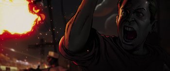 Movie still from “Zombies 3” (2022), directed by Paul Hoen – An image of a person that is holding something in his hand; Close Up shot, Low angle