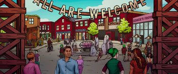 Movie still from “Zombies 3” (2022), directed by Paul Hoen – A group of people walking in front of a building; Extreme Wide shot, High angle