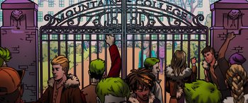 Movie still from “Zombies 3” (2022), directed by Paul Hoen – A group of people standing in front of a gate; Wide shot, High angle