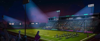 Movie still from “Zombies 3” (2022), directed by Paul Hoen – An illustration of an american football game in progress at night; Extreme Wide shot, High angle