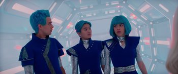 Movie still from “Zombies 3” (2022), directed by Paul Hoen – A group of young people standing next to each other; Medium shot, Low angle