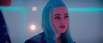 Movie still from “Zombies 3” (2022), directed by Paul Hoen – A person with blue hair; Close Up shot, Over the shoulder angle