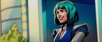 Movie still from “Zombies 3” (2022), directed by Paul Hoen – A cartoon of a woman with blue hair smiling; Close Up shot, Over the shoulder angle