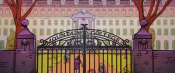 Movie still from “Zombies 3” (2022), directed by Paul Hoen – A gate that says " fountain college " in front of a building; Extreme Wide shot, High angle