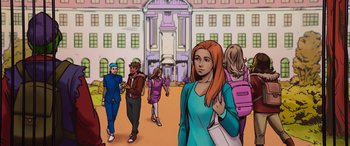 Movie still from “Zombies 3” (2022), directed by Paul Hoen – An illustration of a woman in front of a group of people in front of a building; Medium shot, Low angle