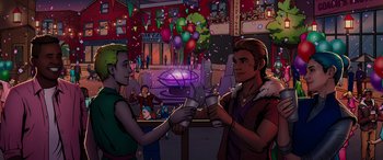 Movie still from “Zombies 3” (2022), directed by Paul Hoen – A man and a woman are playing a video game together; Medium shot, High angle