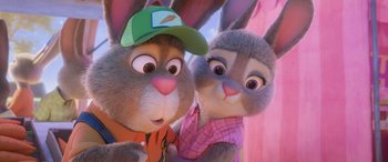 Movie still from “Zootopia” (2016), directed by Jared Bush – A couple of stuffed animals that are next to each other; Close Up shot, Over the shoulder angle