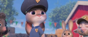 Movie still from “Zootopia” (2016), directed by Jared Bush – An animated character is dressed as a police officer; Close Up shot, Over the shoulder angle