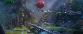 Movie still from “Zootopia” (2016), directed by Jared Bush – A red balloon floating over a bridge in the middle of a forest; Extreme Wide shot, High angle