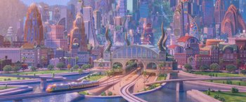Movie still from “Zootopia” (2016), directed by Jared Bush – An artistic rendering of a train station in a city; Extreme Wide shot, High angle