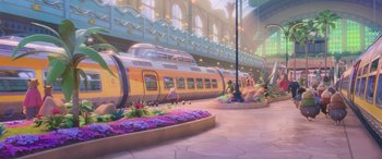 Movie still from “Zootopia” (2016), directed by Jared Bush – An image of a train in a train station; Extreme Wide shot, High angle