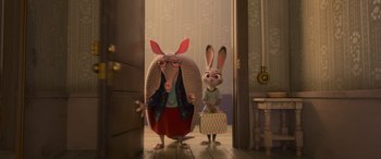 Movie still from “Zootopia” (2016), directed by Jared Bush – A couple of cartoon characters standing next to each other in a room; Medium shot, Over the shoulder angle