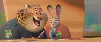 Movie still from “Zootopia” (2016), directed by Jared Bush – A couple of animals that are sitting at a table together; Close Up shot, Over the shoulder angle