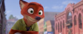 Movie still from “Zootopia” (2016), directed by Jared Bush – A character from zootropolis; Close Up shot, Over the shoulder angle