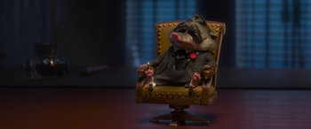 Movie still from “Zootopia” (2016), directed by Jared Bush – A stuffed animal sitting on top of an old chair; Wide shot, High angle