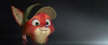Movie still from “Zootopia” (2016), directed by Jared Bush – The face of an animal wearing a baseball cap; Close Up shot, High angle