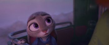 Movie still from “Zootopia” (2016), directed by Jared Bush – A rabbit's face in a scene from zootropolis; Close Up shot, High angle