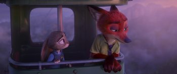 Movie still from “Zootopia” (2016), directed by Jared Bush – A man sitting next to another man in a car; Close Up shot, Over the shoulder angle