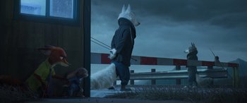 Movie still from “Zootopia” (2016), directed by Jared Bush – A person in a white dog's head and a white dog's tail; Wide shot, Over the shoulder angle