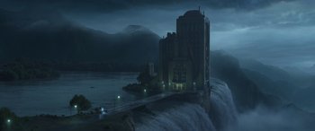 Movie still from “Zootopia” (2016), directed by Jared Bush – An image of a building in the middle of the night; Extreme Wide shot, High angle