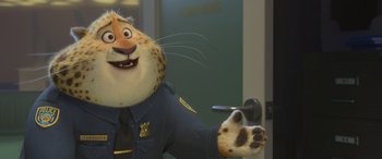 Movie still from “Zootopia” (2016), directed by Jared Bush – A character from zootropolis is dressed in a police uniform; Medium shot, Over the shoulder angle