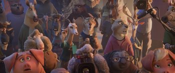 Movie still from “Zootopia” (2016), directed by Jared Bush – A lot of stuffed animals in this picture; Medium shot, High angle