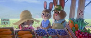 Movie still from “Zootopia” (2016), directed by Jared Bush – A group of rabbits standing next to each other; Medium shot, High angle