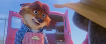Movie still from “Zootopia” (2016), directed by Jared Bush – A person with an animal head in front of a pink truck; Close Up shot, Over the shoulder angle