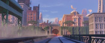 Movie still from “Zootopia” (2016), directed by Jared Bush – A train tracks with a train coming out of it; Extreme Wide shot, Low angle